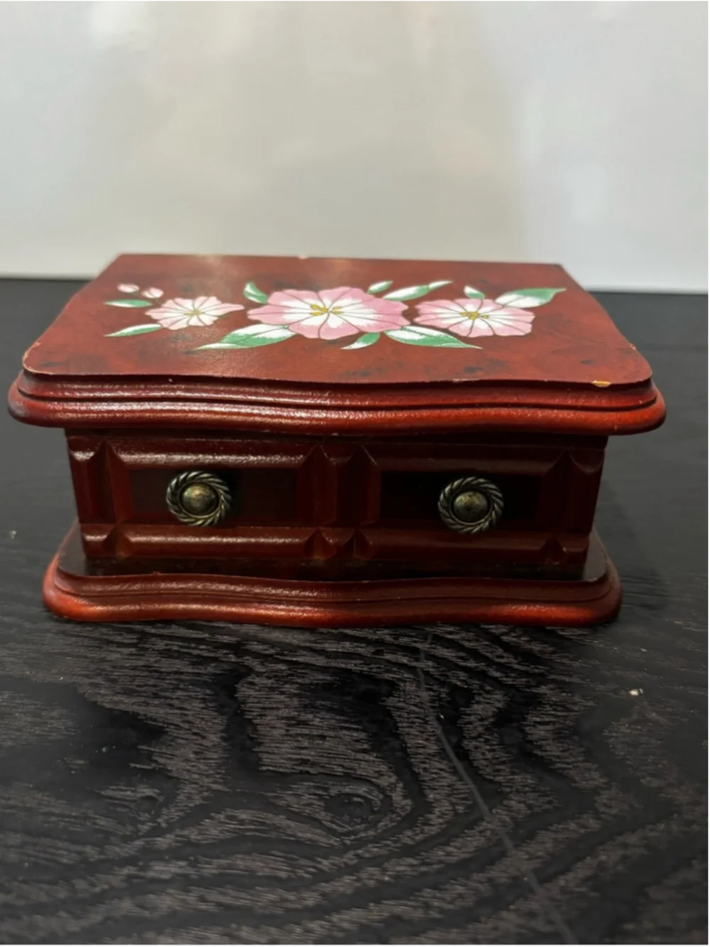 Vintage Wooden Trinket Box with Pink Floral Design